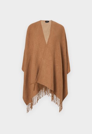 Ruskea kudottu poncho, jossa on tekstuurinen kuvio, reunassa hapsut ja V-pääntie. Valmistettu pehmeästä kankaasta. Rentoa päällywearia.