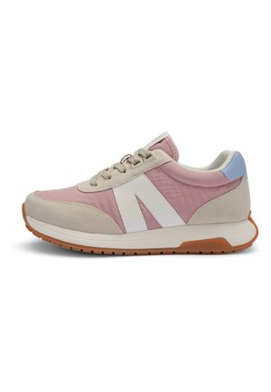 Women's pink and beige sneaker with white side logo, light blue heel patch, beige laces, and gum rubber sole.