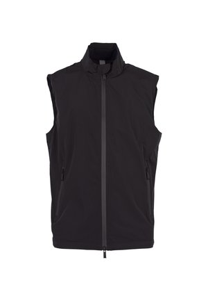 Czarna bezrękawnikowa kamizelka na zamek błyskawiczny z wysokim kołnierzem i zamykanymi na zamek bocznymi kieszeniami, prezentowana na białym tle.