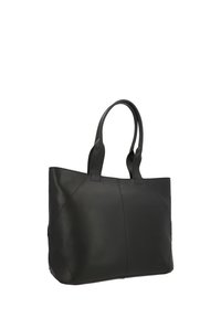 Zwarte leren shopper met dubbele schouderbanden en zichtbare stikseldetails, getoond tegen een witte achtergrond.