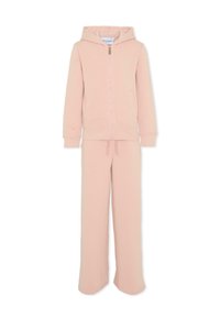 Felpa con cappuccio rosa e pantaloni a gamba larga coordinati, realizzati in morbido cotone, con zip frontale e vita regolabile grazie al cordoncino.