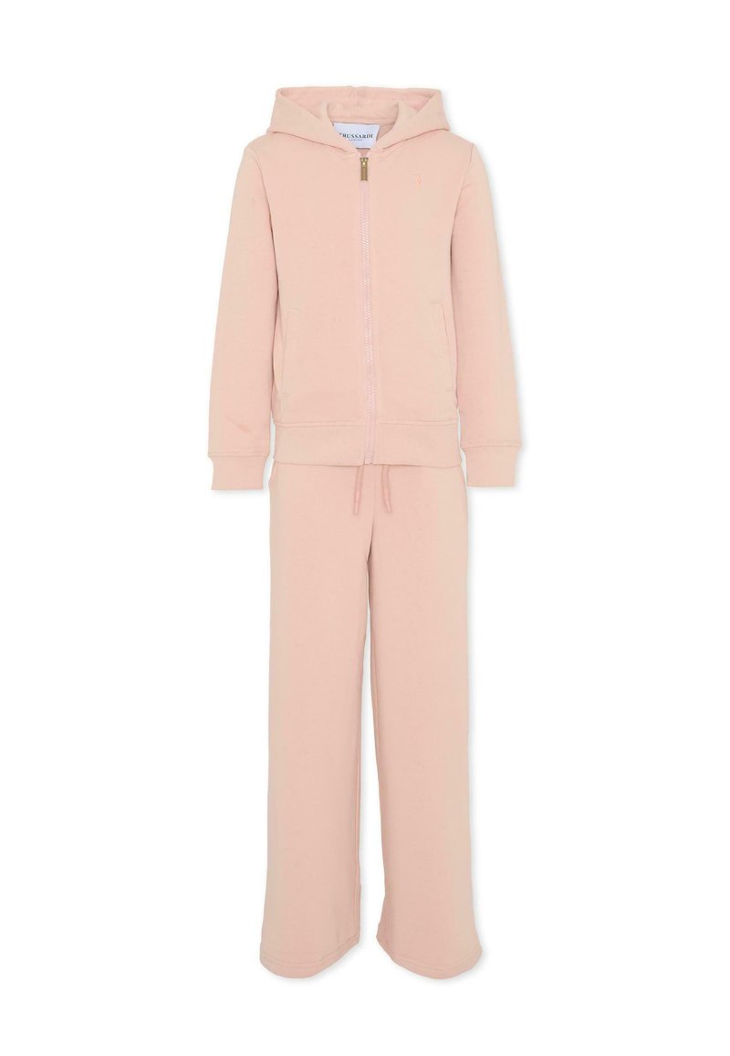 Felpa con cappuccio rosa e pantaloni a gamba larga coordinati, realizzati in morbido cotone, con zip frontale e vita regolabile grazie al cordoncino.