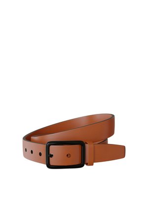 Brown leather belt with black rectangular buckle, rolled up with visible adjustment holes on one end.