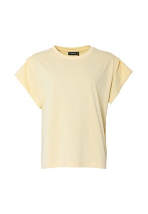 Hellgelbes kurzärmeliges T-Shirt mit gepolsterten Schultern und rundem Ausschnitt, Vorderansicht vor weißem Hintergrund.