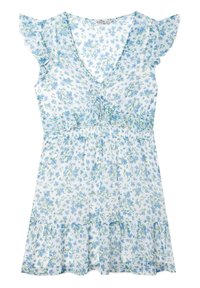 Robe blanche avec motif floral bleu, manches flottantes, décolleté en V, taille cintrée et ourlet à volants.