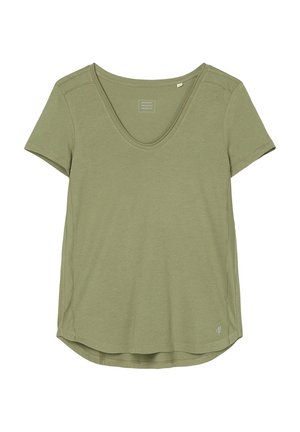 Kurzärmliges, salbeigrünes Damen-T-Shirt mit V-Ausschnitt, abgerundetem Saum und kleinem weißen Logo nahe der unteren Kante.