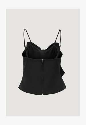 Top negro con tirantes finos, corte ajustado, cierre trasero con cremallera y dobladillo acampanado. La tela parece lisa con un ligero estiramiento.