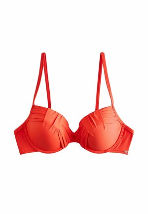 Orange padded bra with thin adjustable straps and gathered fabric details on the cups, displayed on a white background.