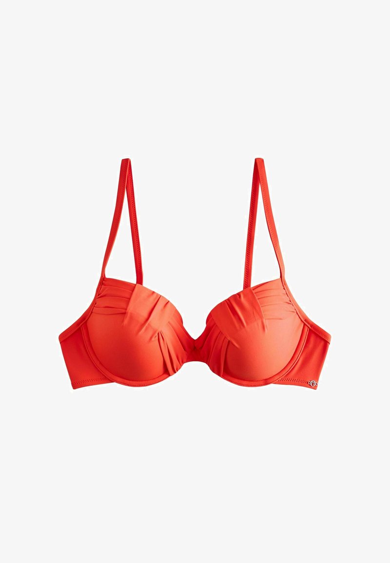 Soutien-gorge rembourré orange avec de fines bretelles réglables et des détails de tissu froncé sur les bonnets, présenté sur un fond blanc.