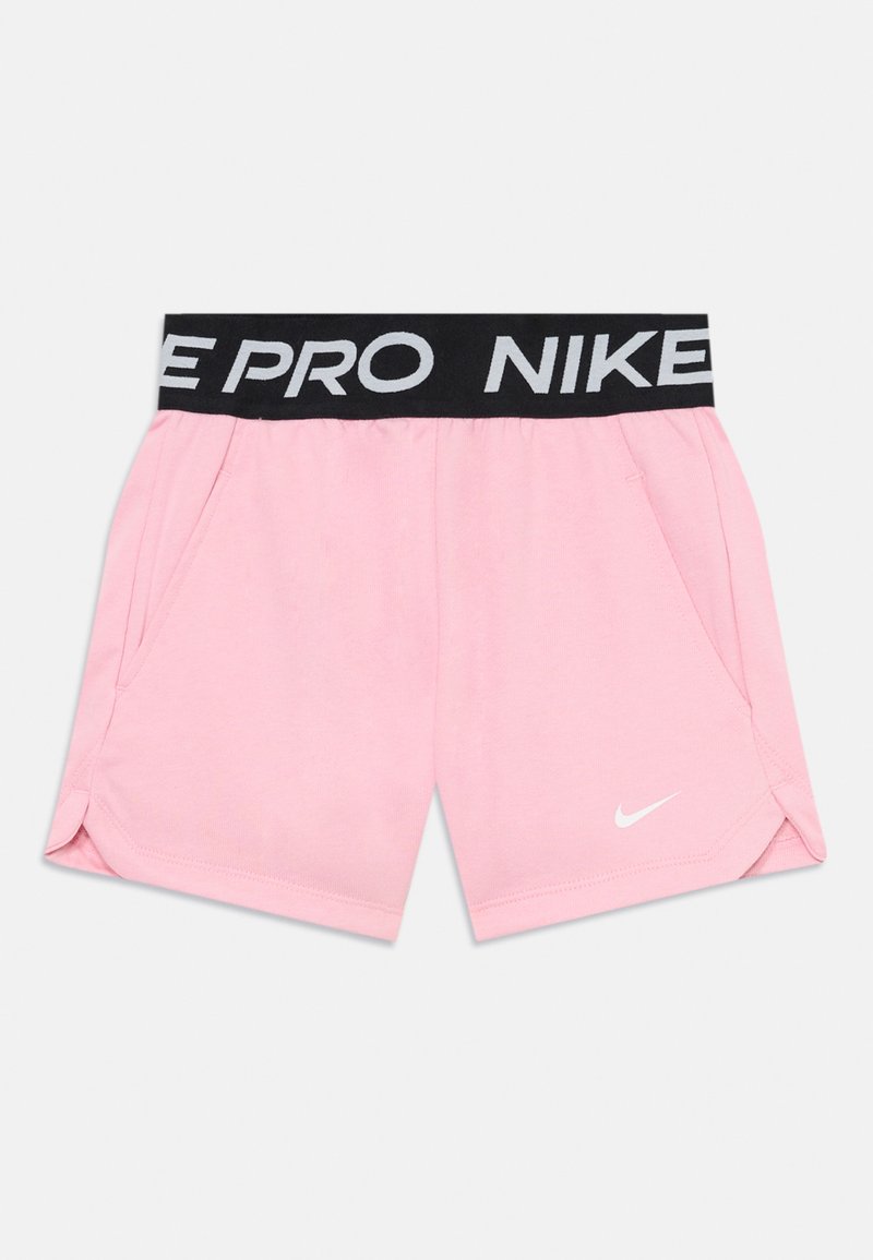 Pantalones cortos deportivos rosas con una cinturilla elástica negra que presenta "NIKE PRO" en blanco. Incluye bolsillos laterales y un pequeño logo blanco de Nike.