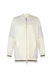 Lehká bomber bunda v krémové barvě, s průhlednými panely, stříbrným zipem, žebrovanými manžetami a černým pruhovaným lemem. Geometrické vzory po celém povrchu.