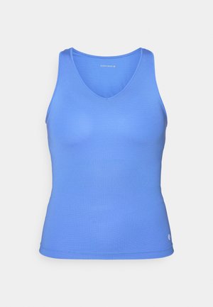 Niebieski top typu V-neck wykonany z gładkiego, elastycznego materiału. Posiada dopasowany krój i subtelny akcent logo na obrzeżu.
