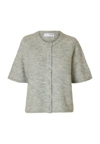 Cardigan grigio lavorato a maglia con maniche corte, scollo rotondo e chiusura con bottoni. Texture morbida con una sottile miscela di tonalità grigie chiare e scure.
