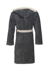 Hooded Badetuch in Dunkelgrau, aus weichem Plushmaterial mit langen Ärmeln und einem passenden Gürtel. Verfügt über eine kontrastierende, hellgraue Innenseite der Kapuze.