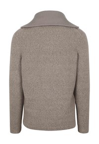 Taupe knitted long-sleeve sweater with a folded ribbed collar, shown from the back on a white background.