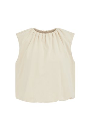 Varrukateta beež pluus kogutud elastse kaelusega ja lõdva, voolava lõikega.