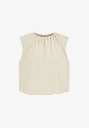 Varrukateta beež pluus kogutud elastse kaelusega ja lõdva, voolava lõikega.