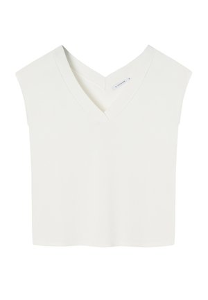 White v-neck top with cap sleeves, made from a smooth, lightweight fabric. Features a clean design and a relaxed, cropped silhouette.