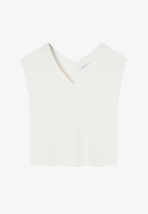 Weißes V-Ausschnitt-Top mit kurzen Ärmeln, gefertigt aus einem glatten, leichten Stoff. Besitzt ein schlichtes Design und eine lässige, cropped Silhouette.