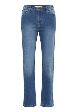 Blue straight-leg denim jeans with a mid-rise waist, front and back pockets, button closure, and subtle faded detailing.
