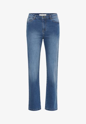 Sinised sirged kootud teksad keskmise kõrguse vöökoht, ees ja taga taskud, nupuga kinnitamine ning kerge kulumise detailidega.