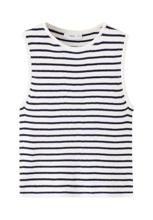 Haut sans manches en maille blanche avec des rayures noires horizontales, un col rond, une texture côtelée et une étiquette de taille au col.