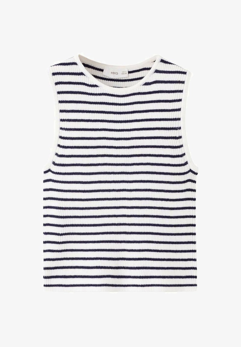 Haut sans manches en maille blanche avec des rayures noires horizontales, un col rond, une texture côtelée et une étiquette de taille au col.