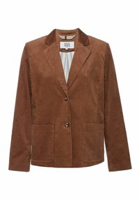 Sacou maro din corduroy cu guler cu crestături, două buzunare frontale și închidere cu un singur nasture. Ribrele verticale adaugă textură; căptușeala interioară cu dungi este vizibilă.