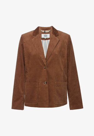 Blazer in velluto a coste marrone con colletto a rever, due tasche frontali e chiusura con un solo bottone. Le coste verticali aggiungono texture; fodera interna a righe visibile.