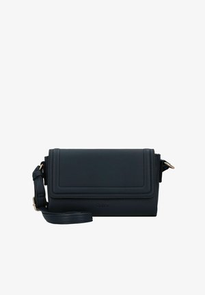 Dark navy leather crossbody bag with a rectangular shape, flap closure, tonal stitching, and detachable strap. Features gold-tone hardware accents.
