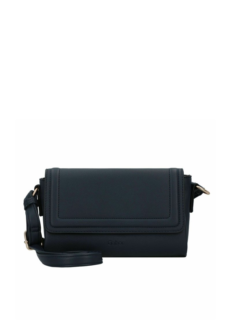 Sac bandoulière en cuir navy foncé de forme rectangulaire, fermeture à rabat, couture ton sur ton et bandoulière amovible. Présente des accents en métal doré.