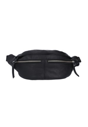 Sac banane en cuir noir avec deux poches avant zippées et des sangles latérales réglables.