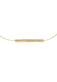 Collana d'oro con una catena a filo sottile e un pendente cilindrico. Il pendente presenta una superficie liscia e lucida con un design minimalista.