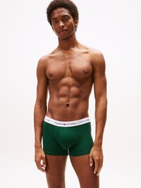 Temnozelene moške bokserice z belim pasom, na katerem je napis "TOMMY HILFIGER". Tkanina se zdi gladka in prilegajoča. Model ima tonirano postavo.