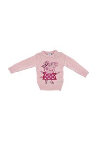 Pink knitted sweater featuring a character design of a pig in a polka dot dress, with long sleeves and a round neckline.