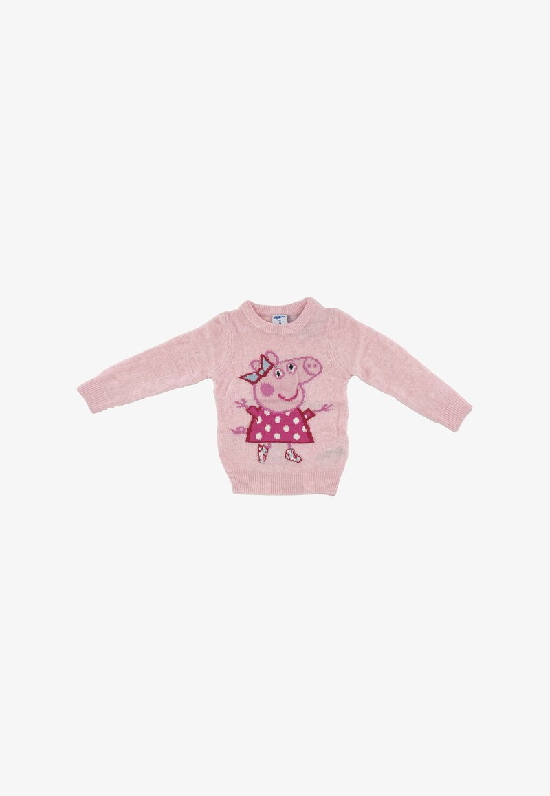 Pink knitted sweater featuring a character design of a pig in a polka dot dress, with long sleeves and a round neckline.