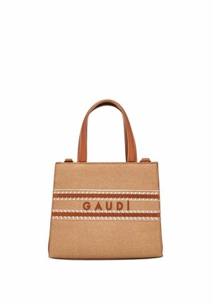 Borsa rettangolare in tessuto beige con manici e rifiniture in pelle marrone, con la scritta "GAUDI" e dettagli decorativi a righe sulla parte frontale.