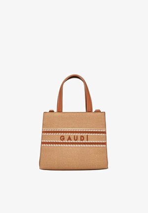 Borsa rettangolare in tessuto beige con manici e rifiniture in pelle marrone, con la scritta "GAUDI" e dettagli decorativi a righe sulla parte frontale.