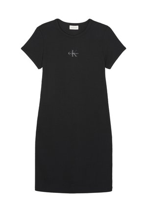 Crna kratka haljina s kratkim rukavima i okruglim izrezom, mali Calvin Klein logo u sivoj boji tiskan na prsima.