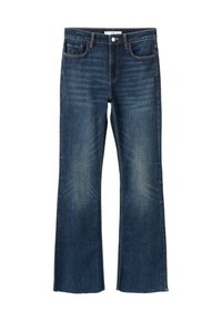 Vaqueros de corte bootcut azul oscuro con ligero desgaste en los muslos y rodillas, estilo de cinco bolsillos y cierre frontal con botones.