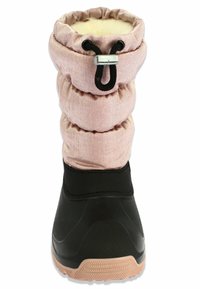 Roze textiel enkellaars met een ingestikte bovenkant, zwarte rubberen zool, getextureerde afwerking en een voering van nepbont. Voorzien van een zwart trekkoord voor aanpassing.