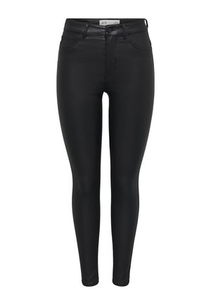 Svarta skinny jeans med en slät denimtextur, mellanhög midja, femfickorsdesign och en knappstängning fram.