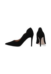 Black suede high-heeled pumps with a pointed toe design, open sides, and a slim stiletto heel. Smooth texture and elegant shape.