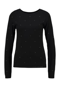 Suéter negro con mangas largas, escote redondo y adornos metálicos dispersos para un aspecto texturizado. Tejido de punto suave.