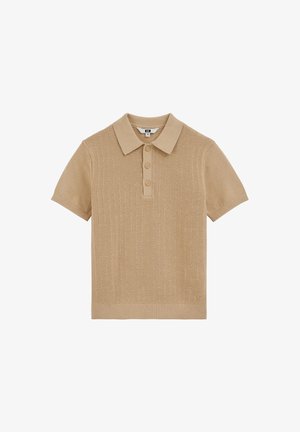 Beżowa krótkorękawowa dzianinowa koszulka polo z teksturowanym przednim panelem, patką z trzema guzikami oraz prążkowanym kołnierzykiem i mankietami.