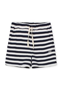 Marinblå och vita randiga shorts med elastisk midja och dragsko. Mjuk tyg med sidofickor och en liten logotyp nederst på fållen.