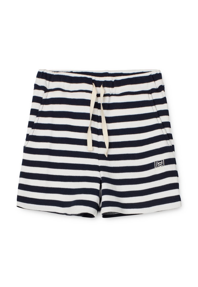 Marinblå och vita randiga shorts med elastisk midja och dragsko. Mjuk tyg med sidofickor och en liten logotyp nederst på fållen.