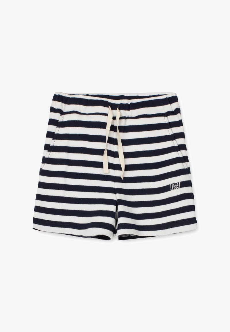Shorts rayés bleu marine et blanc avec une taille élastique et un cordon de serrage. Tissu doux avec des poches latérales et un petit logo sur l'ourlet inférieur.