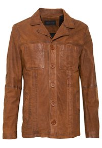 Brun läderjacka med långa ärmar, fyra främre knappar, två bröstfickor och krage, visad mot en vit bakgrund.