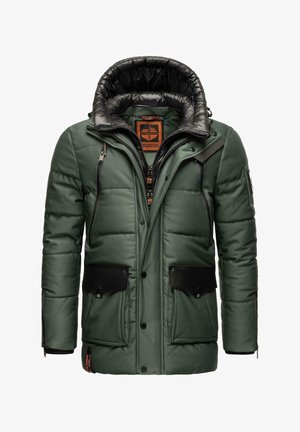 Padded green jacket with a black nylon lined hood, multiple zippered and button pockets, and a structured fit. Features contrasting black accents.
